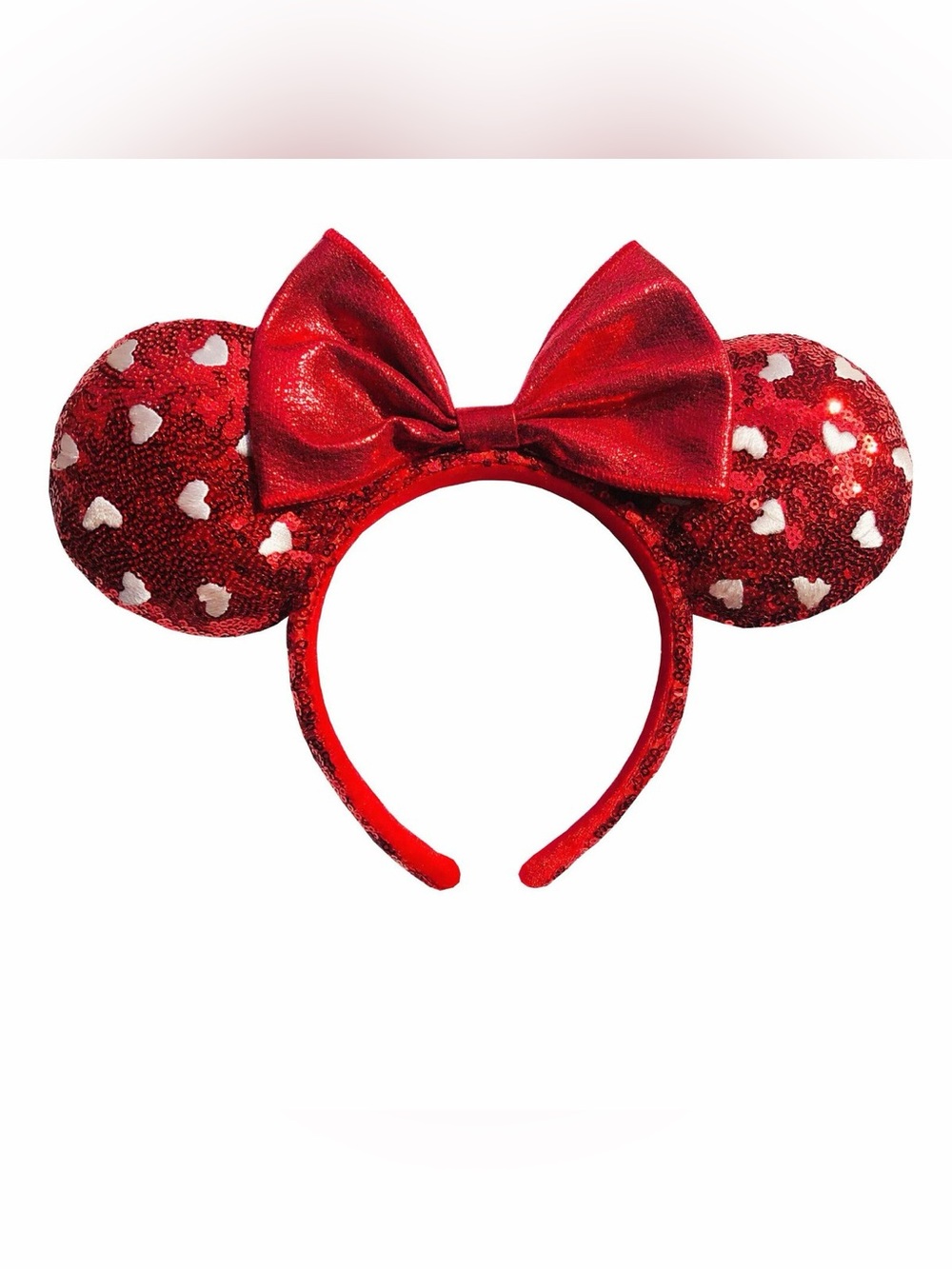 Tokyo Disney Minnie Headband Ears Ruby Red Sequin Bow White Hearts Disneyland